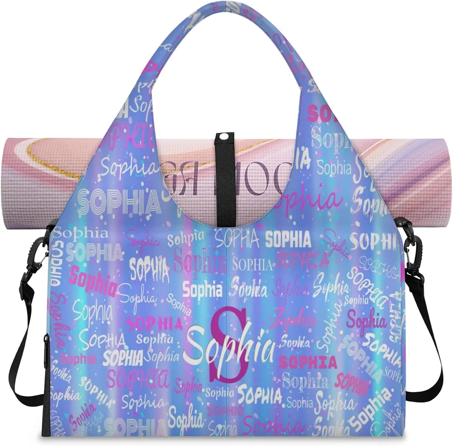 Personalized Yoga Mat Bag with Shoe Compartment, Initial Letter Name Travel Weekender Tote Sport Gym Duffel Bag