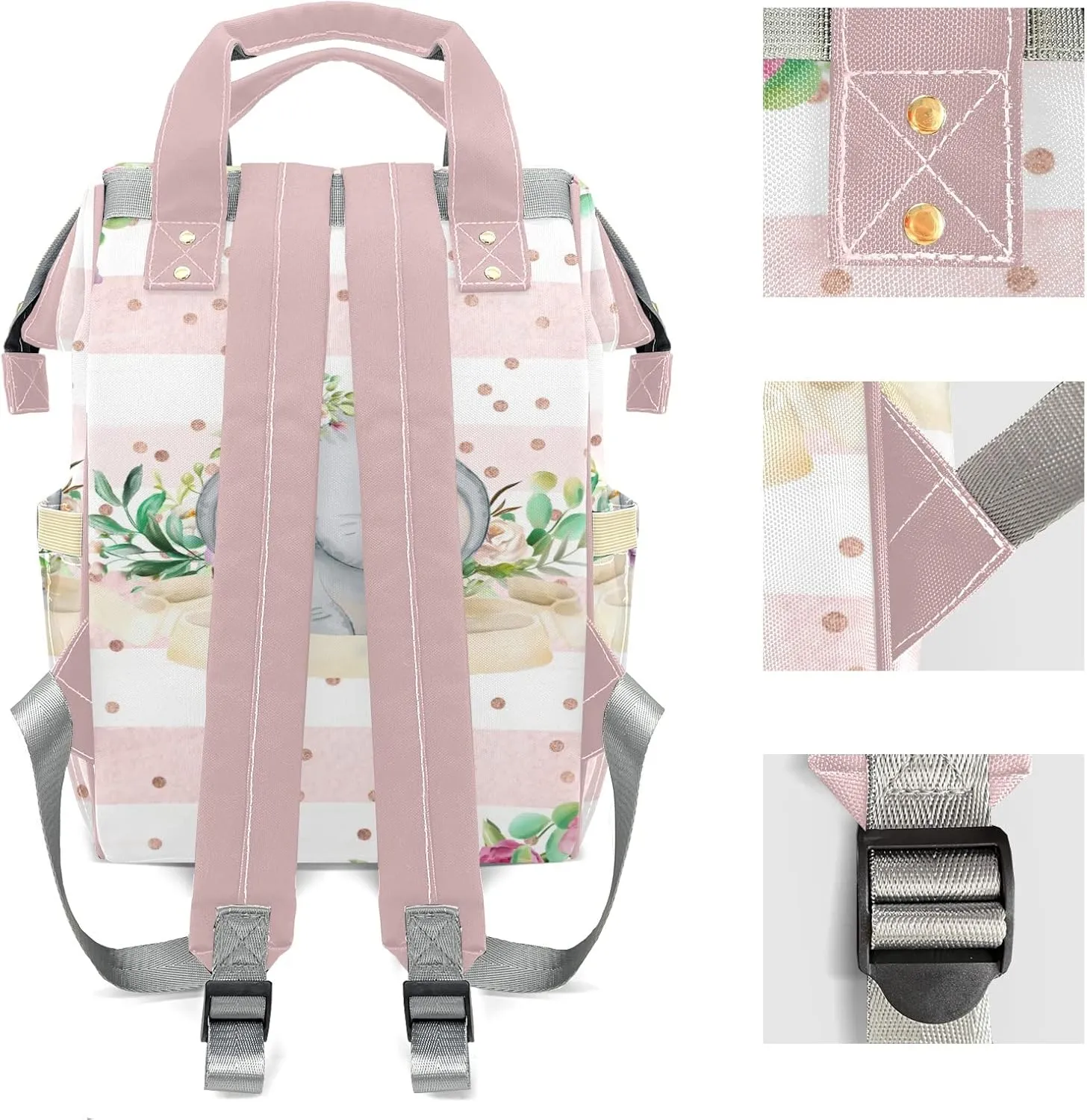 Pink Floral Elephant Stripe Personalized Diaper Bag Backpack Name Custom Mommy Nappy Baby Bag Daypack for Mom Dad Gifts