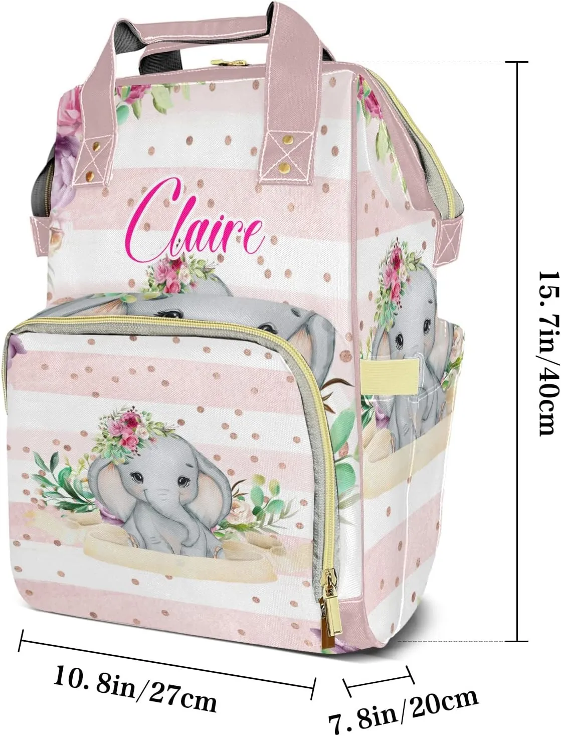 Pink Floral Elephant Stripe Personalized Diaper Bag Backpack Name Custom Mommy Nappy Baby Bag Daypack for Mom Dad Gifts