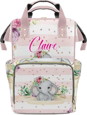Pink Floral Elephant Stripe Personalized Diaper Bag Backpack Name Custom Mommy Nappy Baby Bag Daypack for Mom Dad Gifts