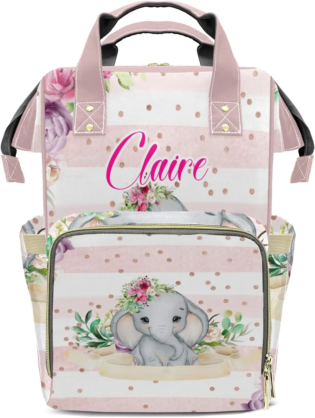 Pink Floral Elephant Stripe Personalized Diaper Bag Backpack Name Custom Mommy Nappy Baby Bag Daypack for Mom Dad Gifts