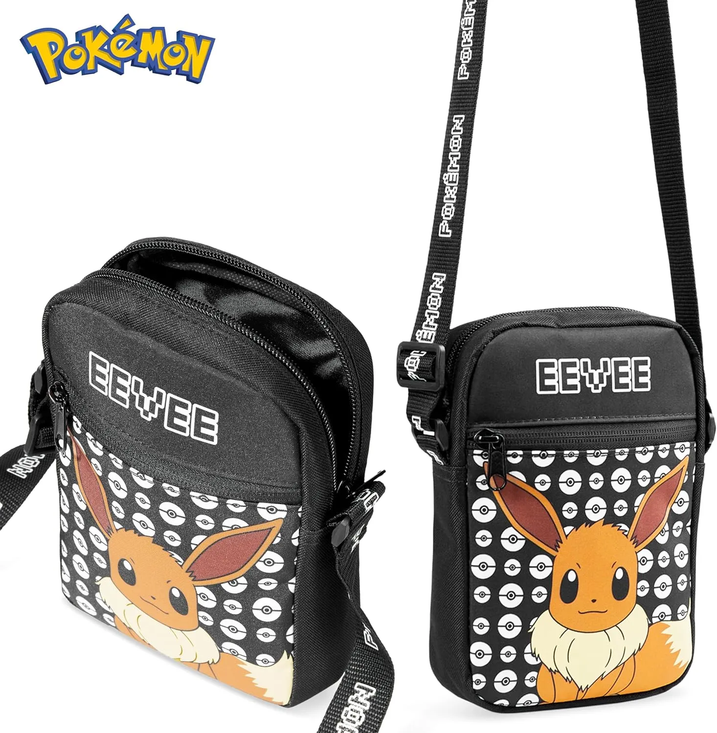 Pokemon Shoulder Bag Cross Body Bag for Kids - Adjustable Strap Kids Pikachu Small Travel Bag - Gamer Gifts (Black Eevee)
