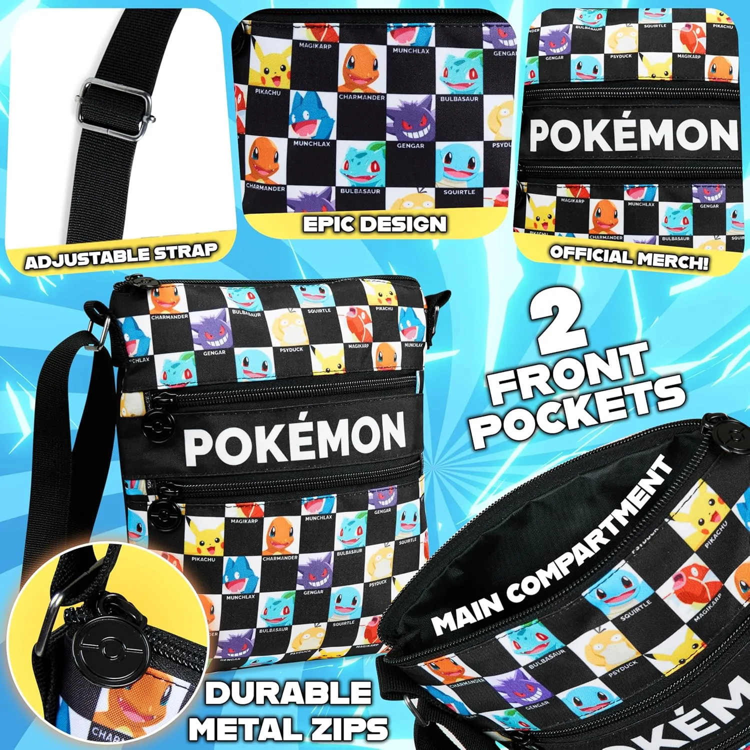 Pokemon Shoulder Bag for Kids Teens Crossbody Bag Pikachu Small Bag Anime Gifts (Black/Multi, 10.23x8.66x1.37inch)