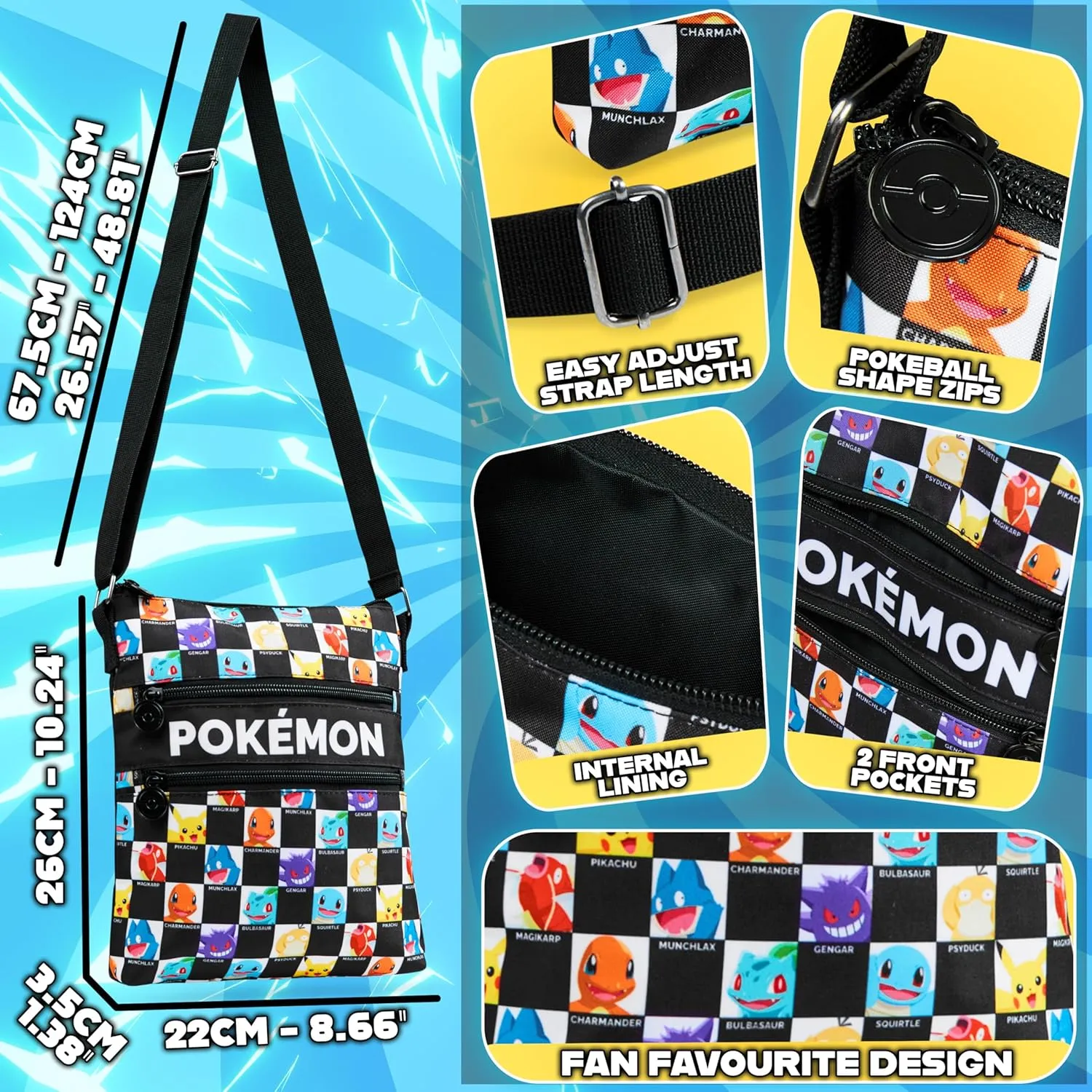 Pokemon Shoulder Bag for Kids Teens Crossbody Bag Pikachu Small Bag Anime Gifts (Black/Multi, 10.23x8.66x1.37inch)