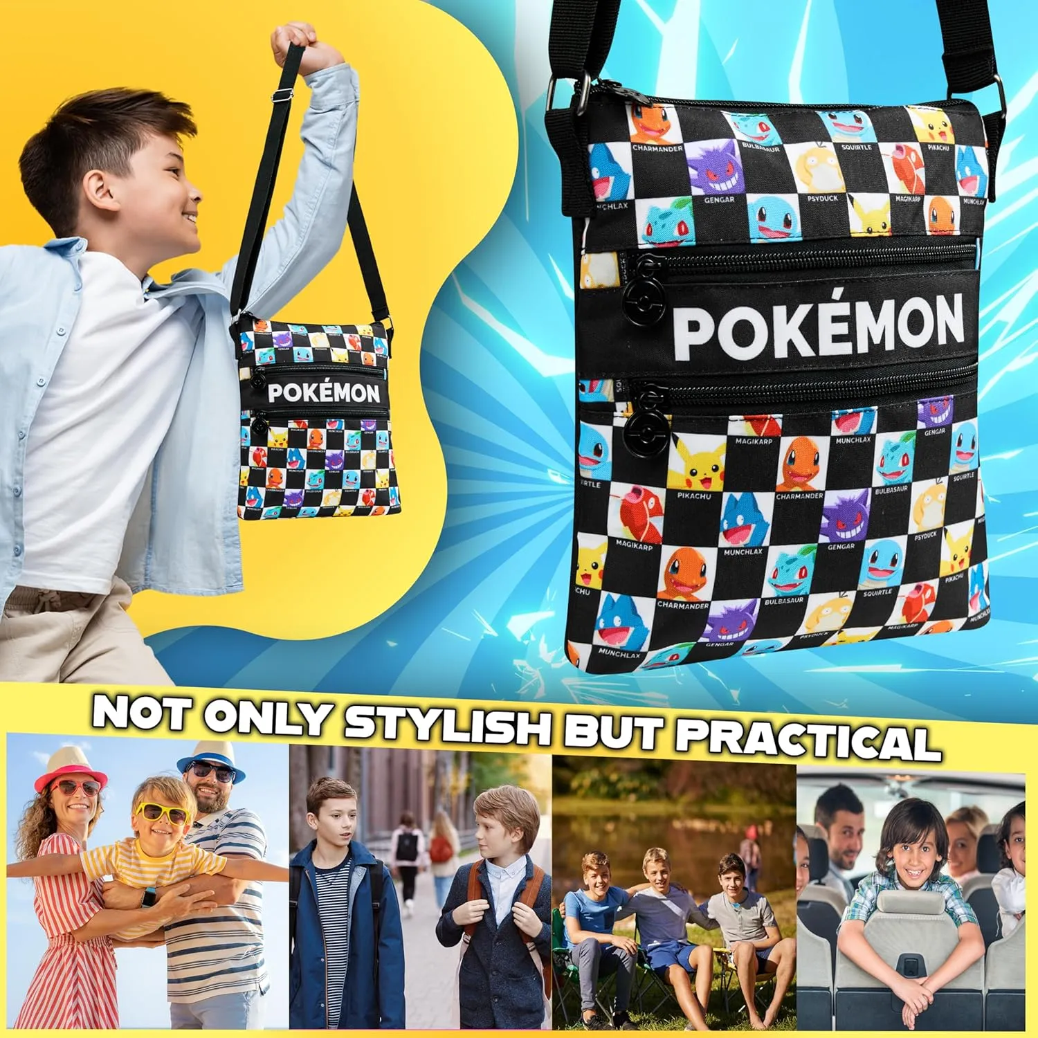 Pokemon Shoulder Bag for Kids Teens Crossbody Bag Pikachu Small Bag Anime Gifts (Black/Multi, 10.23x8.66x1.37inch)