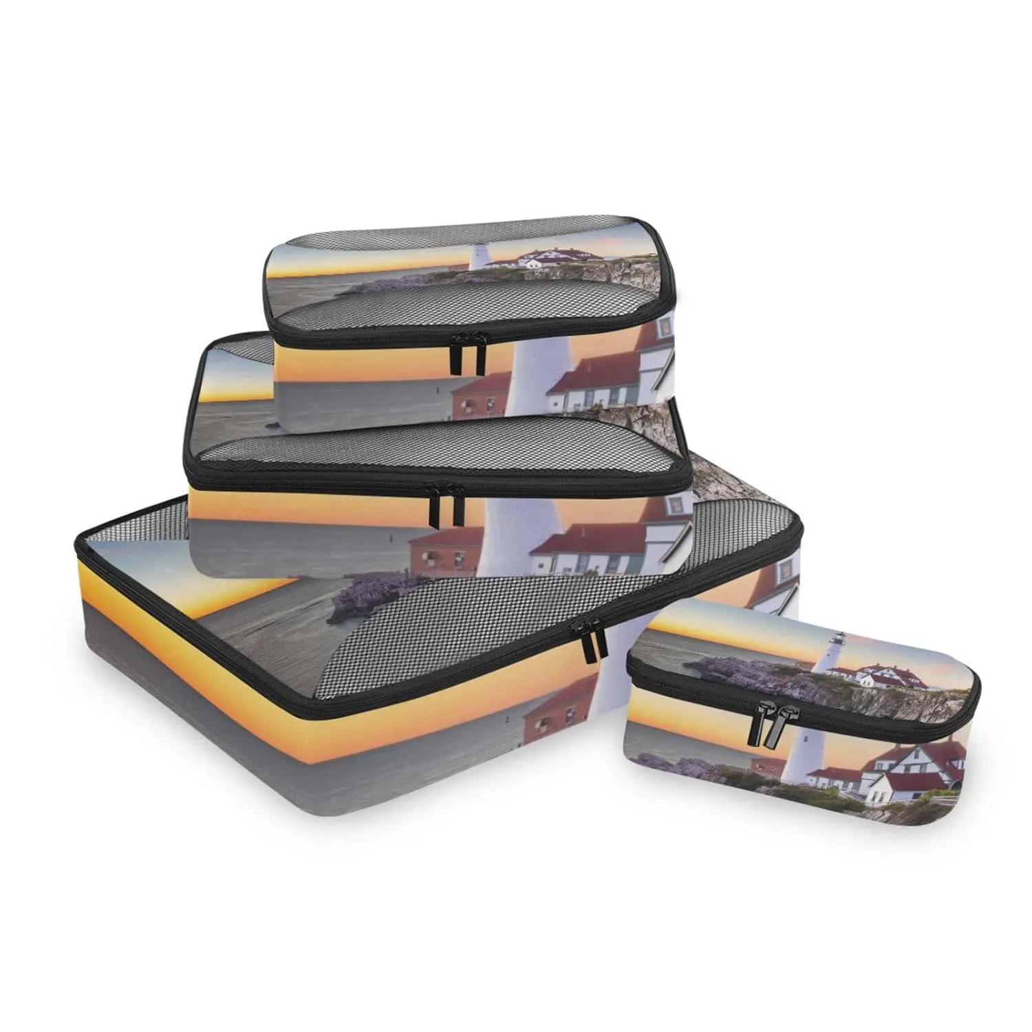 Portland, Maine, USA at Portland Head Light in the Morning 4 Set Packing Cubes, Travel Packing Organizers, 600D Oxford Cloth Toiletry Storage Bag, Luggage Mesh Bags for Accessories