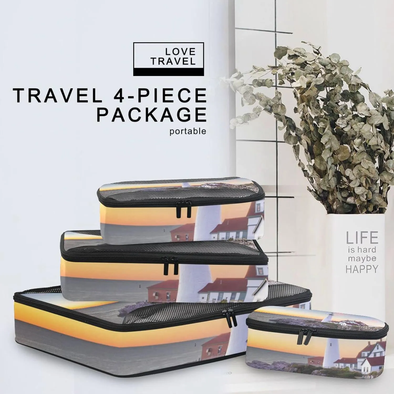 Portland, Maine, USA at Portland Head Light in the Morning 4 Set Packing Cubes, Travel Packing Organizers, 600D Oxford Cloth Toiletry Storage Bag, Luggage Mesh Bags for Accessories