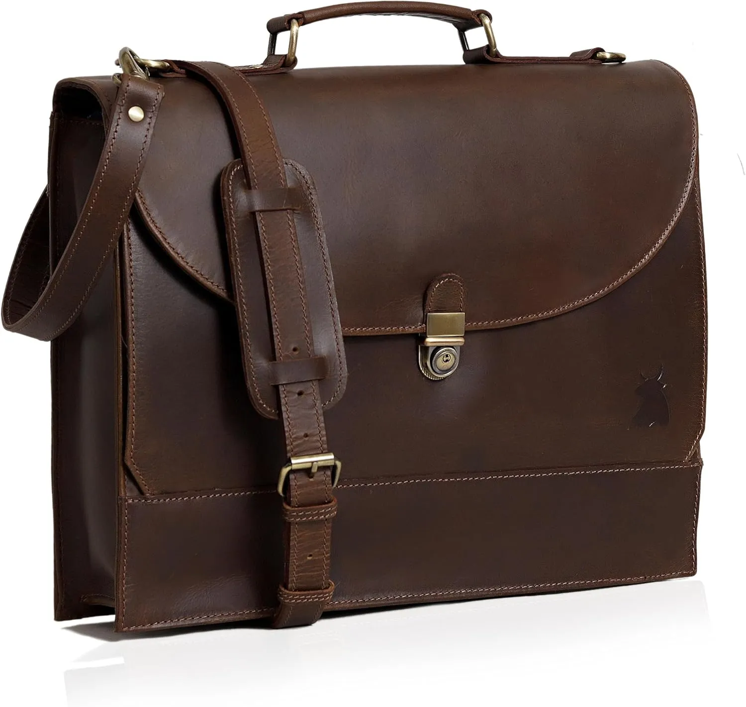 Premium Leather Briefcase for Men and Women, Full Grain Cow Leather Laptop Sleeve Gift, Handcrafted Laptop Bag with Multiple Compartments and Brass Hardware, Fits 15.6 Inch Laptop