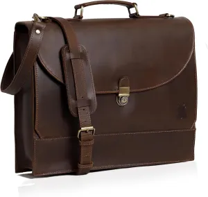 Premium Leather Briefcase for Men and Women, Full Grain Cow Leather Laptop Sleeve Gift, Handcrafted Laptop Bag with Multiple Compartments and Brass Hardware, Fits 15.6 Inch Laptop