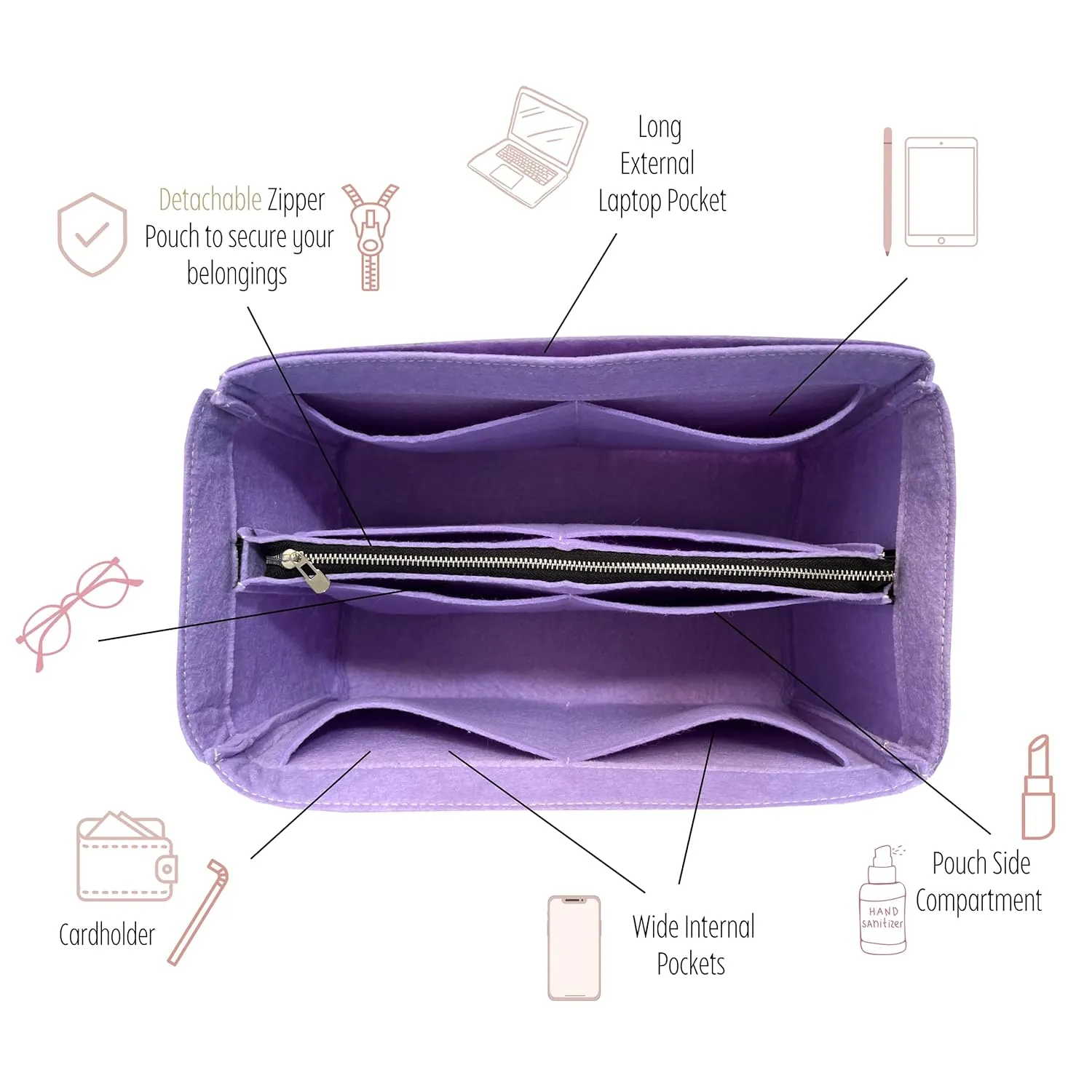 Premium Purse Organizer compatible with Telfar Bag Organizer Medium Cup Holder, Handmade 2mm Premium Felt Snug Sturdy Perfect Fit, Silver Zipper (For Telfa* Medium Shopping Bag, Brown)