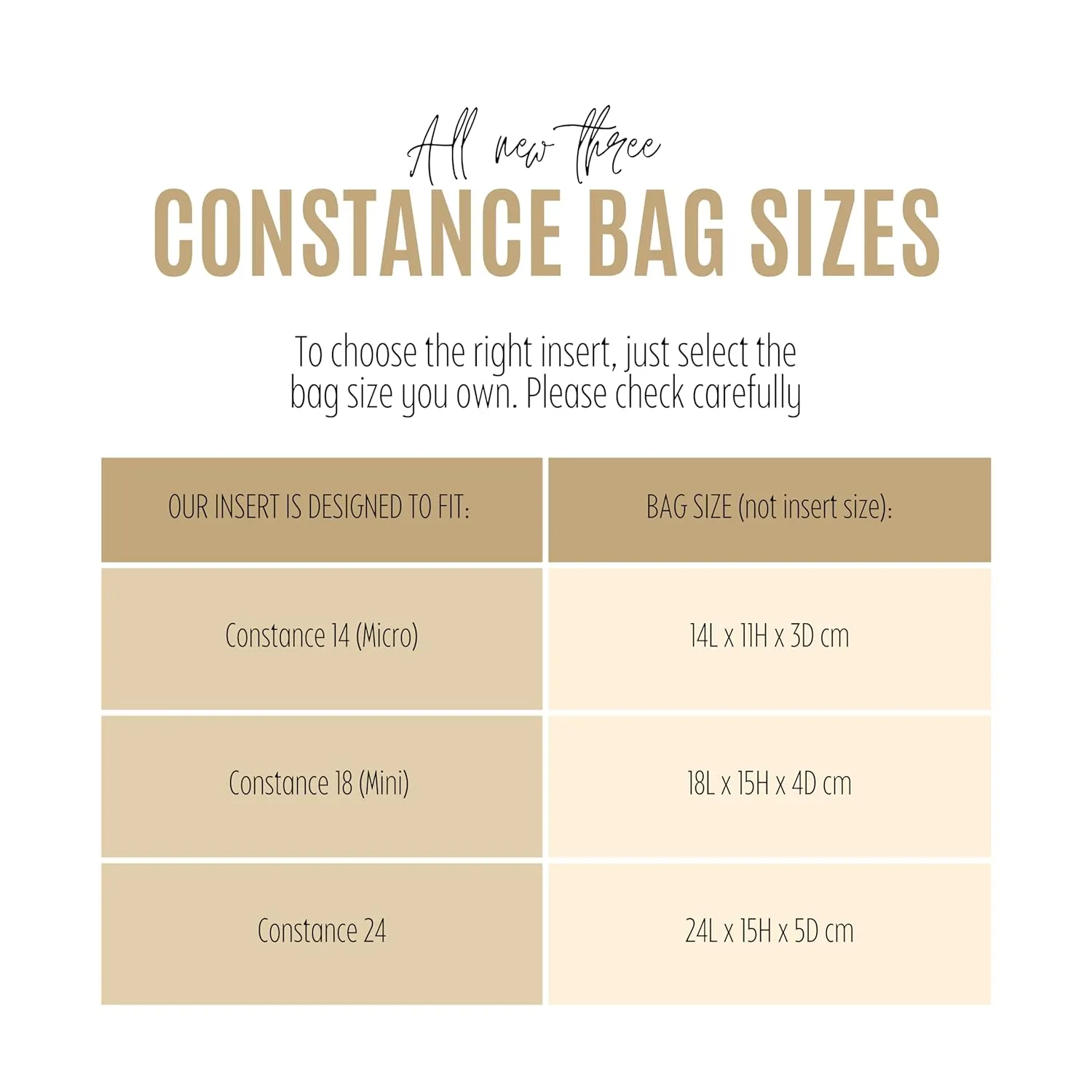 Premium Purse Organizer fits Constance 18 Bag Insert, Mini Constance 24 Bag Organizer, FULL Set of 2 Inserts, 1.2mm Thick Felt Snug Sturdy Gold Zipper (For Constance 18 (Mini), Black)