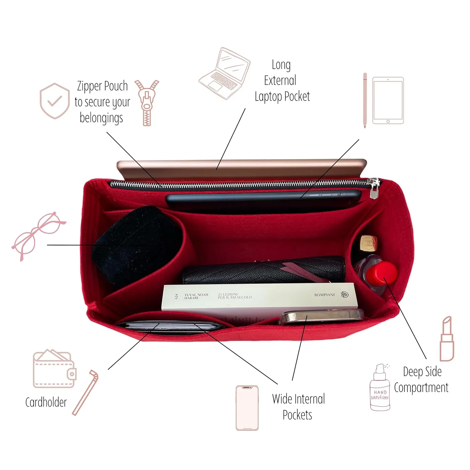 Premium Purse Organizer for Bride-a-brac Insert, PM Bride-a-brac case organizer, Trousse Bride A Brac GM Organizer, 2mm Thick Felt Snug Sturdy (For Large Bride-a-Brac (GM), Beige)