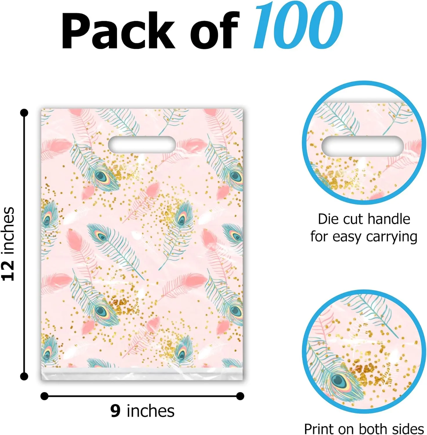 Pro Supply Global 9x12 100 Count Pink Peacock Designer Retail Boutique Merchandise Bags with Die Cut Handles Premium Printed Shopping Bags For Small Business Shop Owners
