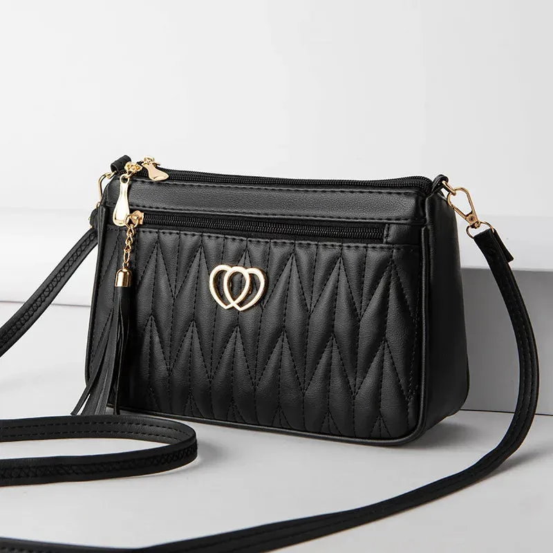 PU Crossbody Bags Double Zipper 2024 New Fashion Shoulder Bag for Women Large Capacity Tassel Decoration Heart-shaped Hardware