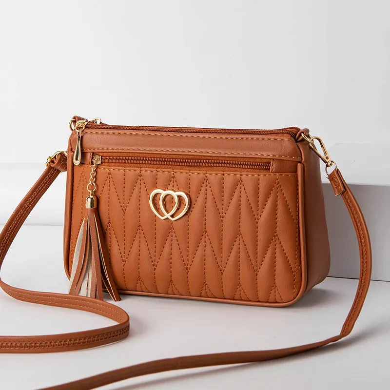 PU Crossbody Bags Double Zipper 2024 New Fashion Shoulder Bag for Women Large Capacity Tassel Decoration Heart-shaped Hardware
