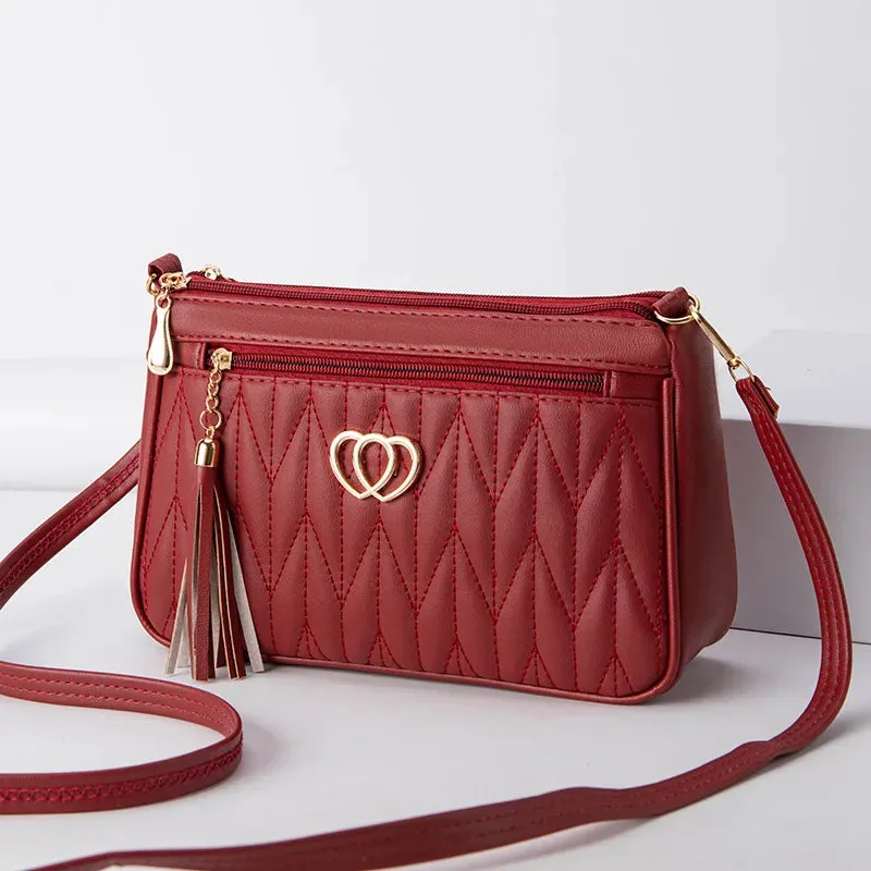 PU Crossbody Bags Double Zipper 2024 New Fashion Shoulder Bag for Women Large Capacity Tassel Decoration Heart-shaped Hardware