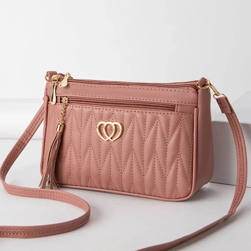 PU Crossbody Bags Double Zipper 2024 New Fashion Shoulder Bag for Women Large Capacity Tassel Decoration Heart-shaped Hardware