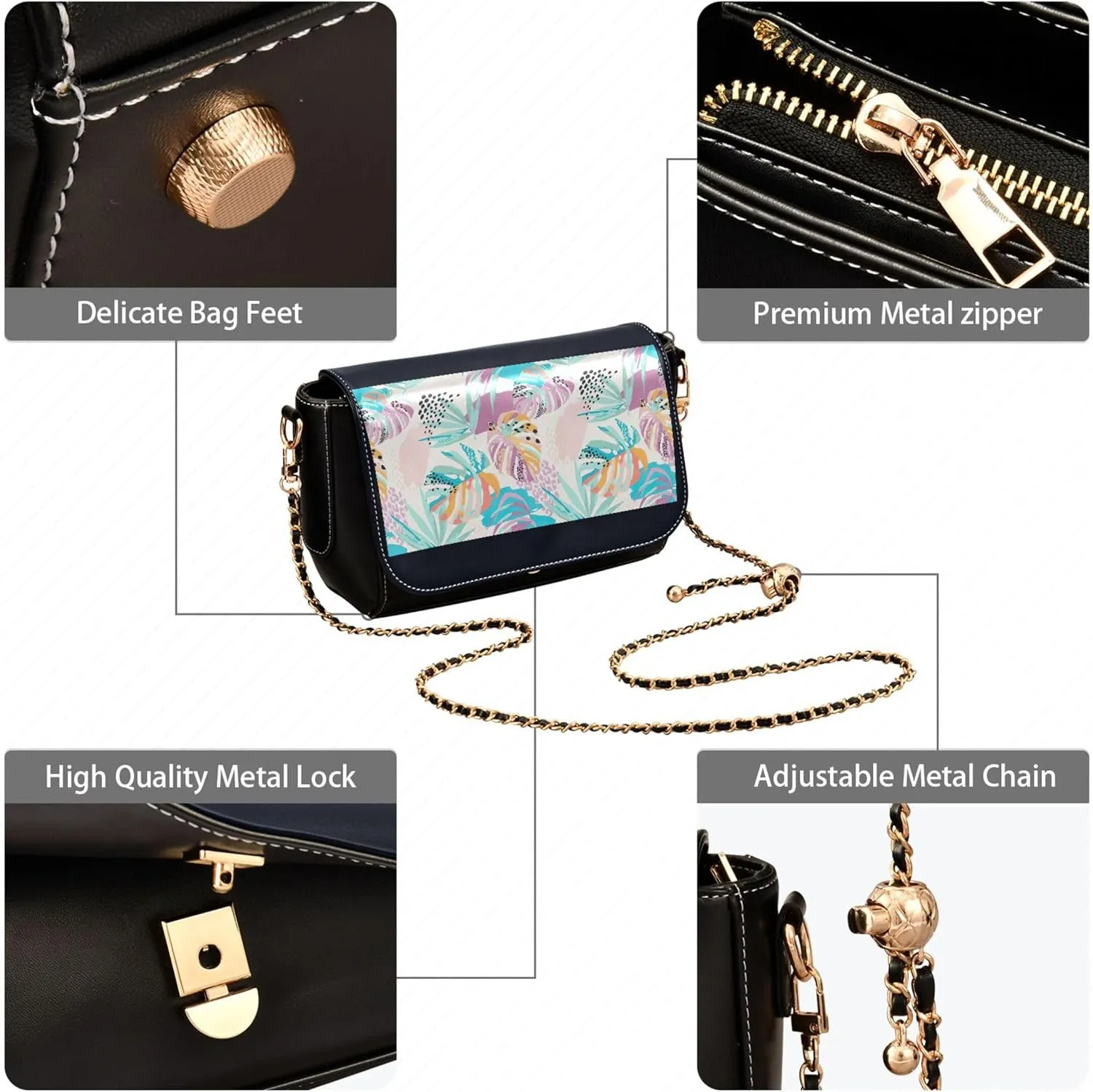 Purple Floral Design PU Leather Shoulder Bag Gifts Crossbody Purses for Women Phone Handbags with Chain Strap