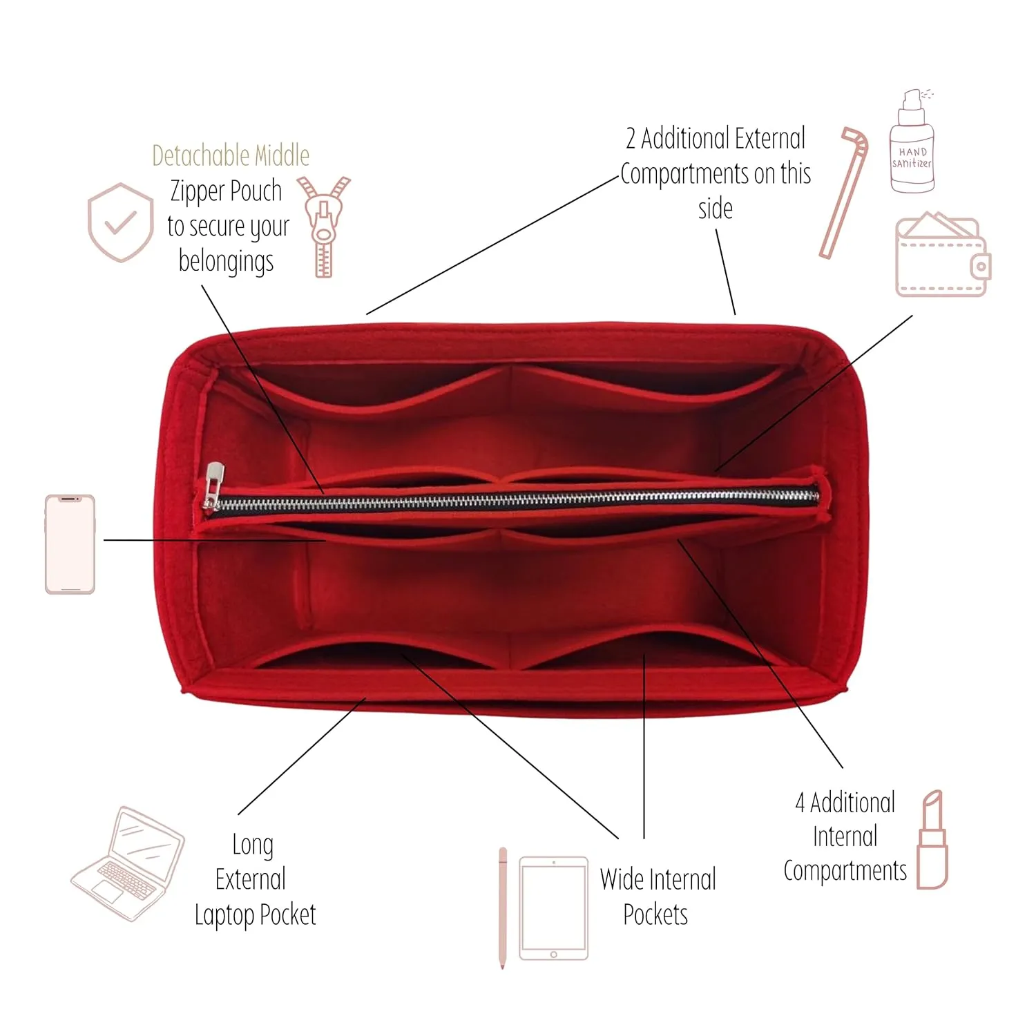 Purse Organizer for Cabarock Bag Organizer, Cabarock Tote Insert, Handmade 2mm Premium Felt Snug Sturdy Silver Zipper (For Large Cabarock, Red)
