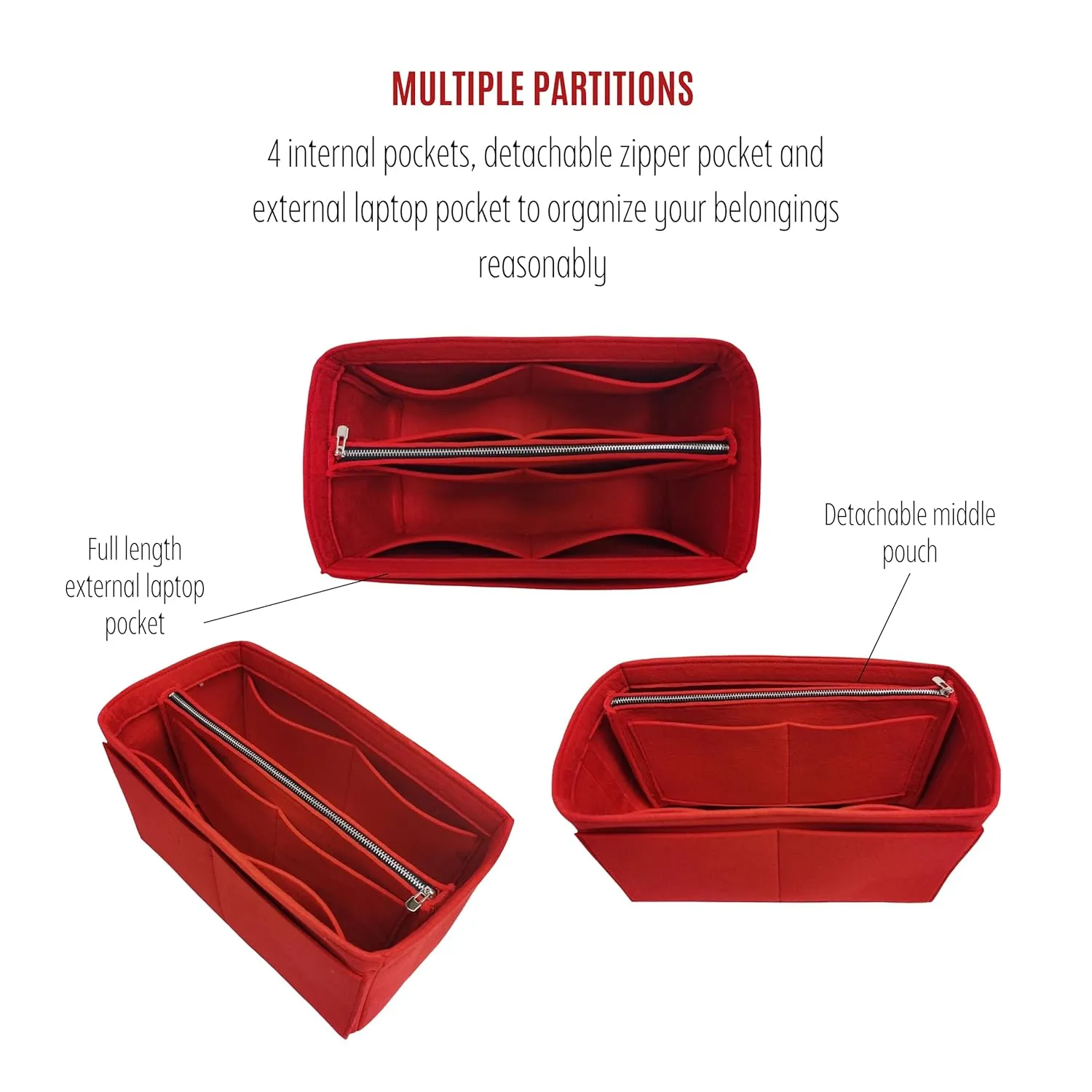 Purse Organizer for Cabarock Bag Organizer, Cabarock Tote Insert, Handmade 2mm Premium Felt Snug Sturdy Silver Zipper (For Large Cabarock, Red)