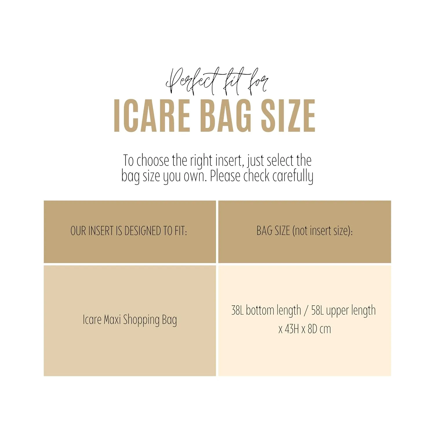 Purse Organizer for icare Maxi Shopping Bag Organizer, icare Tote Organizer, iCare Insert, Handmade 2mm Premium Felt Snug Sturdy Gold Zipper (For Icare Maxi Shopping, Black)