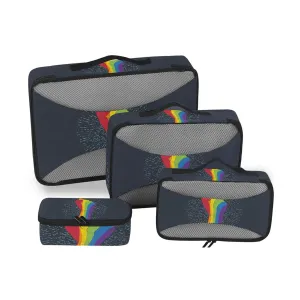 Rainbow Colored Hand with a Fist Raised up with Rays on Dark Blue 4 Set Packing Cubes, Travel Packing Organizers, 600D Oxford Cloth Toiletry Storage Bag, Luggage Mesh Bags for Accessories