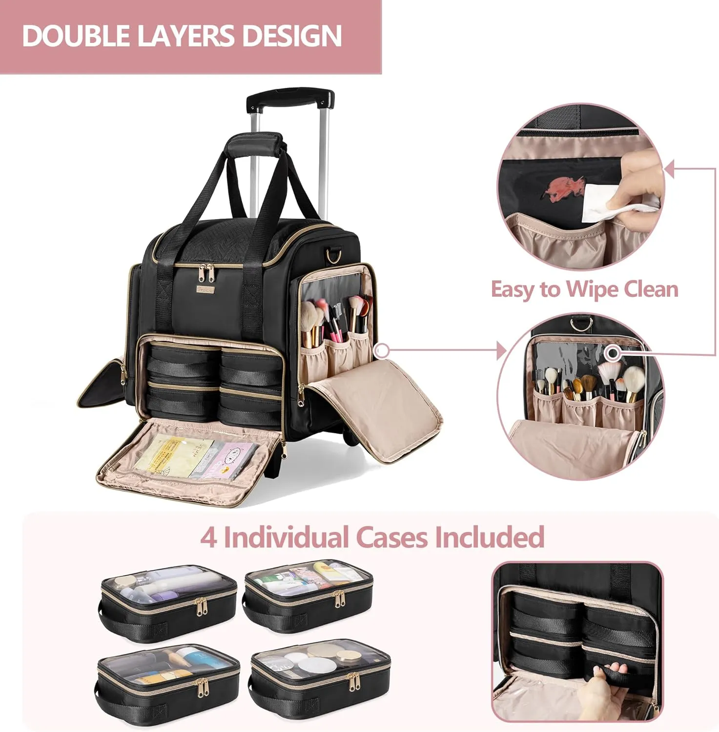 Rolling Makeup Case with 4 Removable Bags, Professional Makeup Train Case with Wheels, Makeup Artist Travel Bag with Brushes Storage Section, Black (Patent Design)