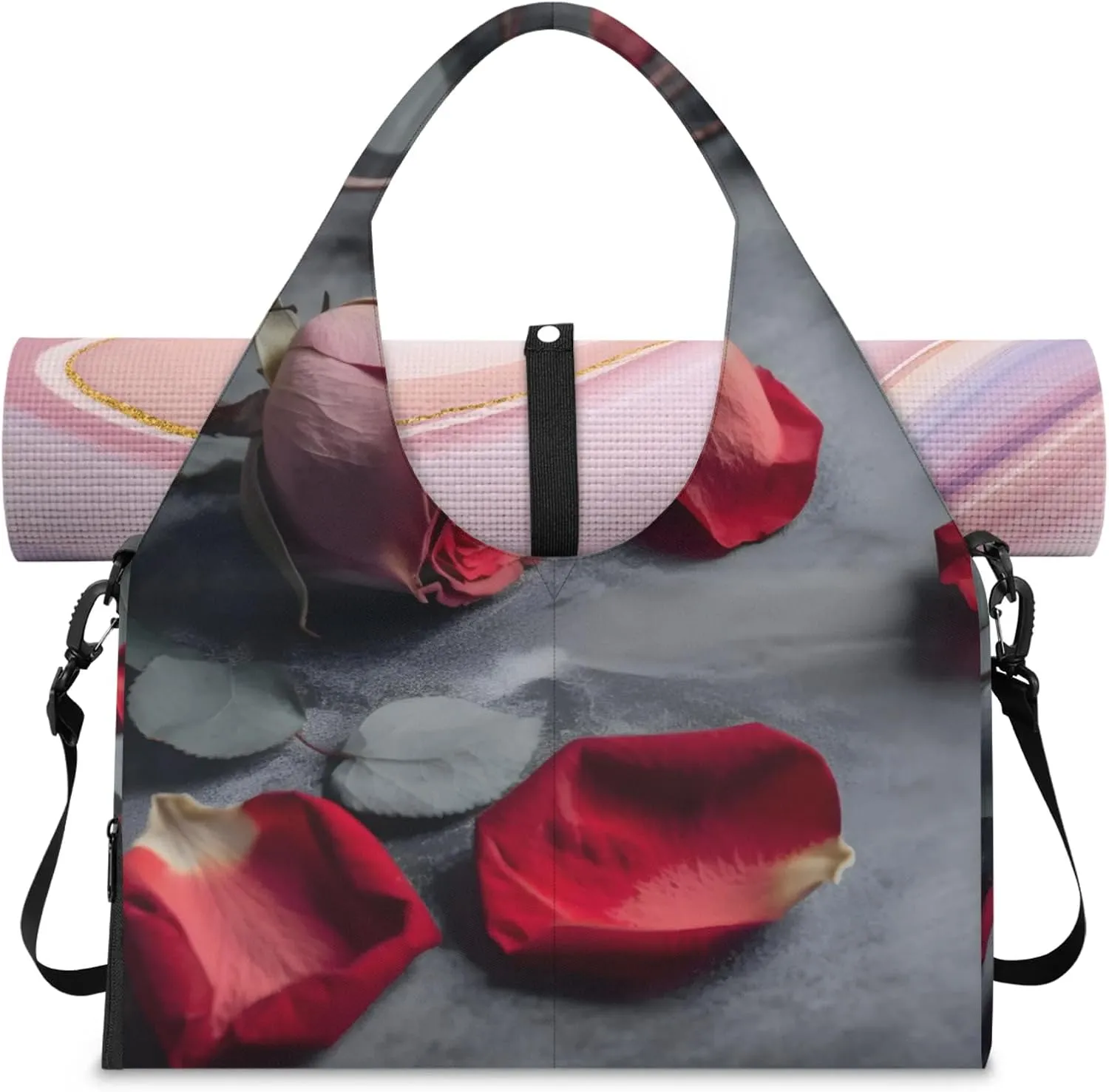 Rose Fragrant Petals Gym Bag Yoga Mat Tote for Women with Shoes Compartment Lightweight Duffle Travel Carrier Wet Dry Storage Pockets Adjustable Pilates Mats Shoulder Bags for Sport Swim