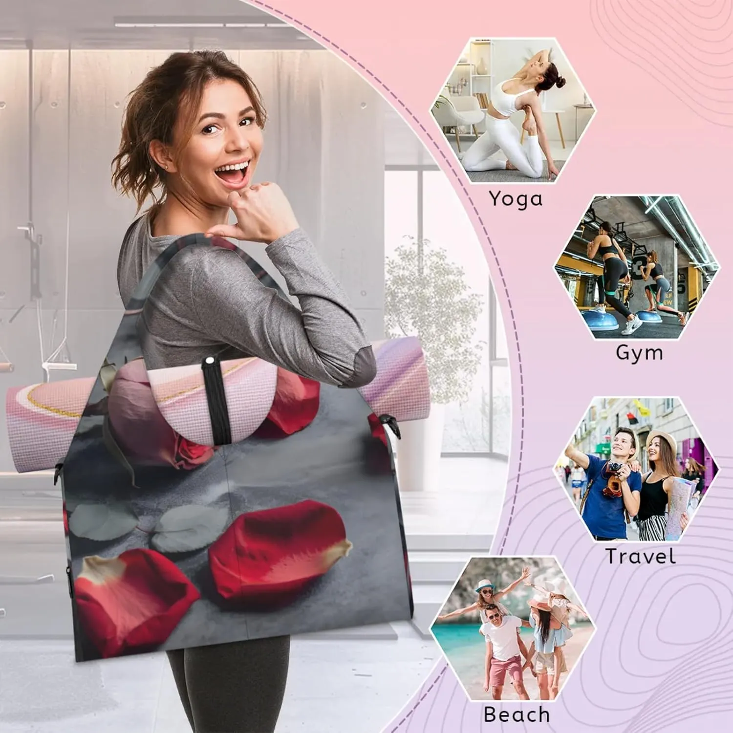 Rose Fragrant Petals Gym Bag Yoga Mat Tote for Women with Shoes Compartment Lightweight Duffle Travel Carrier Wet Dry Storage Pockets Adjustable Pilates Mats Shoulder Bags for Sport Swim