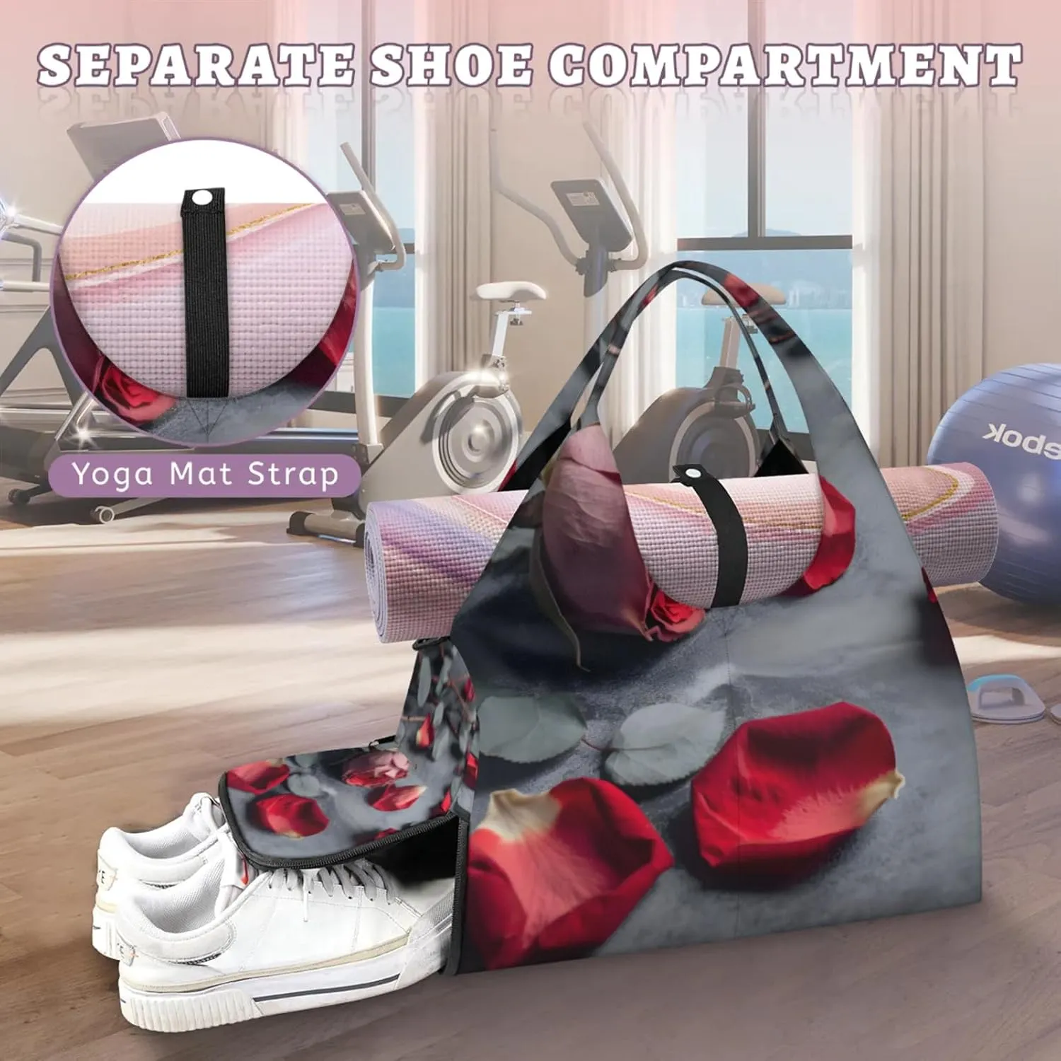 Rose Fragrant Petals Gym Bag Yoga Mat Tote for Women with Shoes Compartment Lightweight Duffle Travel Carrier Wet Dry Storage Pockets Adjustable Pilates Mats Shoulder Bags for Sport Swim