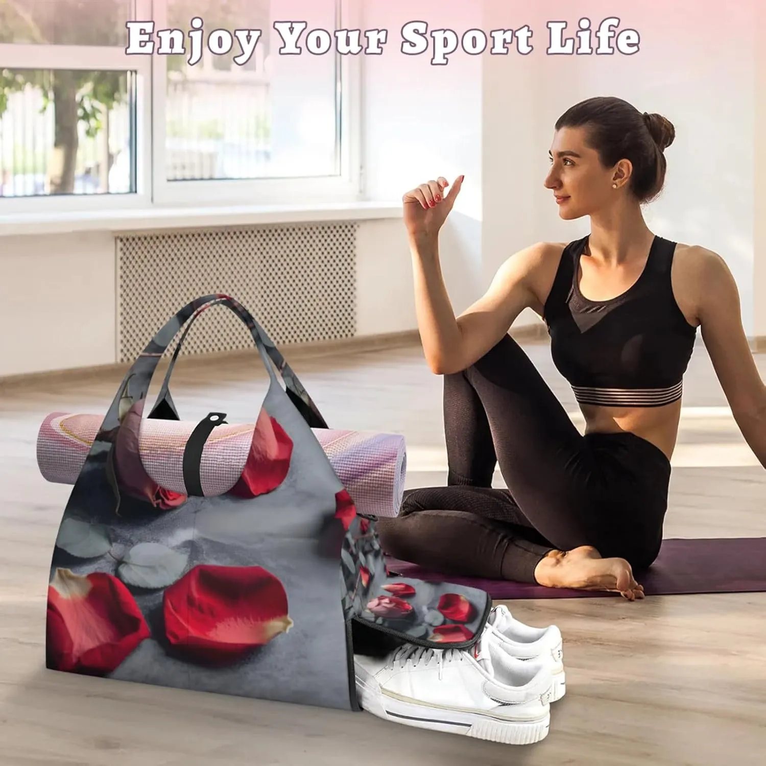 Rose Fragrant Petals Gym Bag Yoga Mat Tote for Women with Shoes Compartment Lightweight Duffle Travel Carrier Wet Dry Storage Pockets Adjustable Pilates Mats Shoulder Bags for Sport Swim