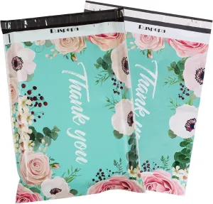 RUSPEPA 14.5x19 Inch Poly Mailers Shipping Bags Thank You Notes Flowers Surrounded Teal Poly Mailers 3 Mil Heavy Duty Self Seal Mailing Envelopes - 50 Pack