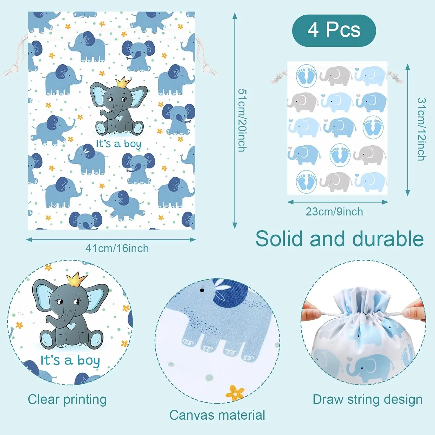 Sadnyy 4 Pcs Large Baby Shower Drawstring Gift Bags for Boy Reusable Fabric Wrap Bags 20 Inch Large 12 Inch Medium Elephants Treat Sacks for Baby Shower Child's Birthday Gender Reveal Party