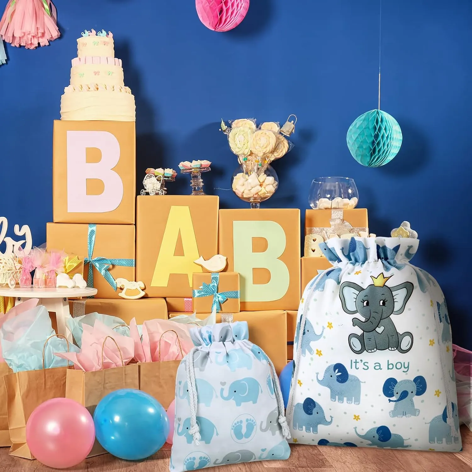 Sadnyy 4 Pcs Large Baby Shower Drawstring Gift Bags for Boy Reusable Fabric Wrap Bags 20 Inch Large 12 Inch Medium Elephants Treat Sacks for Baby Shower Child's Birthday Gender Reveal Party