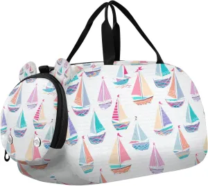 Sailboats and Wavy Lines Kids Duffle Bag, Overnight Travel Sport Gym Bags with Shoe Compartment for Boys & Girls