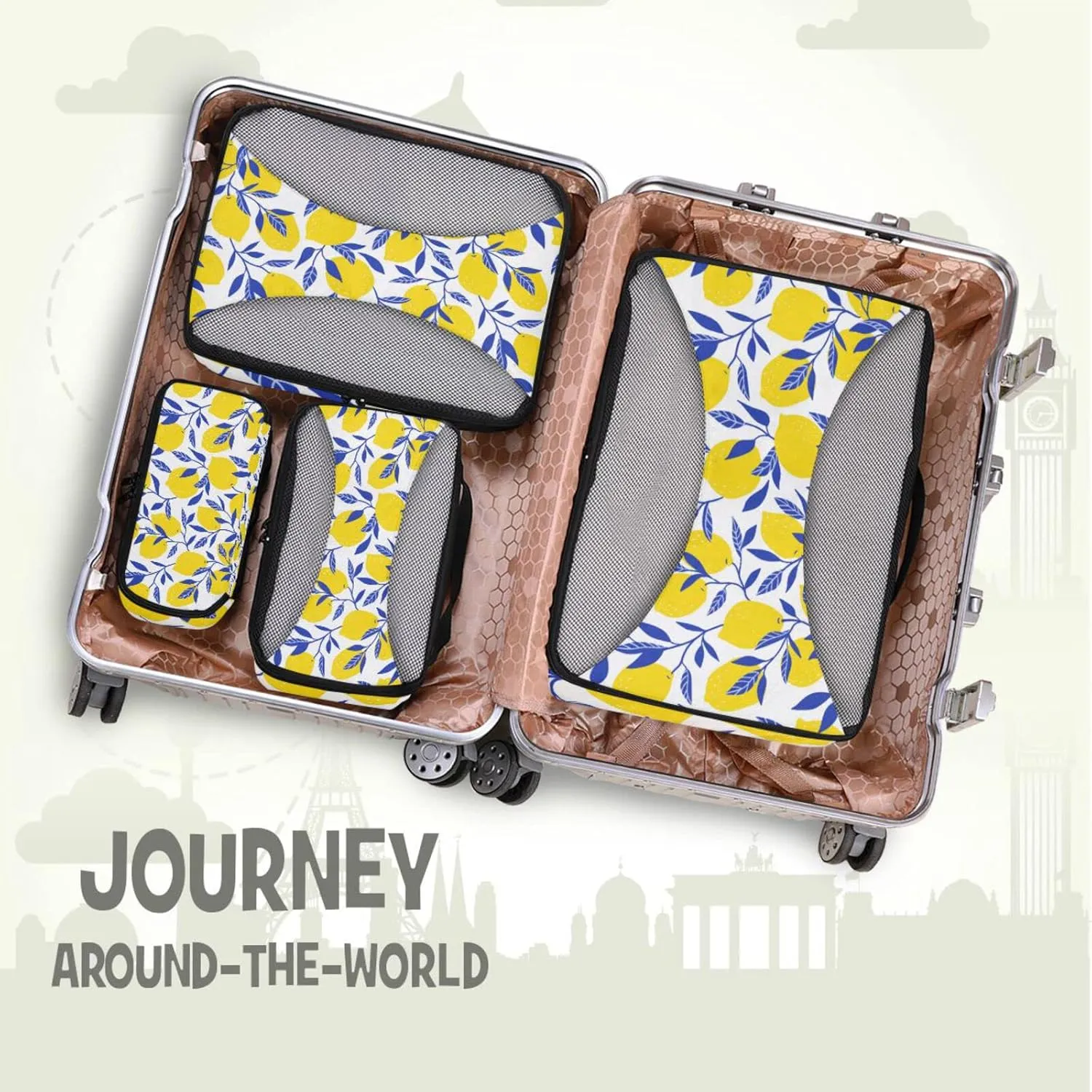 Seamless Tropical Yellow Lemons Blue Leaves on White 4 Set Packing Cubes, Travel Packing Organizers, 600D Oxford Cloth Toiletry Storage Bag, Luggage Mesh Bags for Accessories