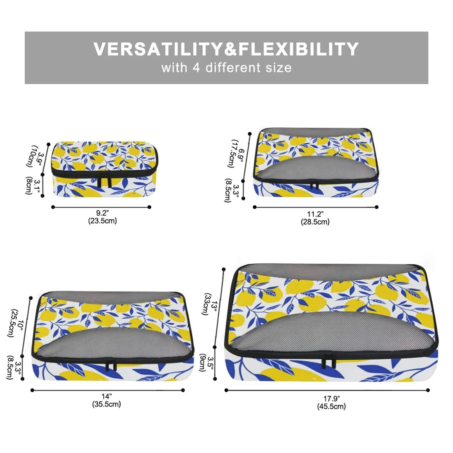 Seamless Tropical Yellow Lemons Blue Leaves on White 4 Set Packing Cubes, Travel Packing Organizers, 600D Oxford Cloth Toiletry Storage Bag, Luggage Mesh Bags for Accessories
