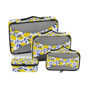 Seamless Tropical Yellow Lemons Blue Leaves on White 4 Set Packing Cubes, Travel Packing Organizers, 600D Oxford Cloth Toiletry Storage Bag, Luggage Mesh Bags for Accessories