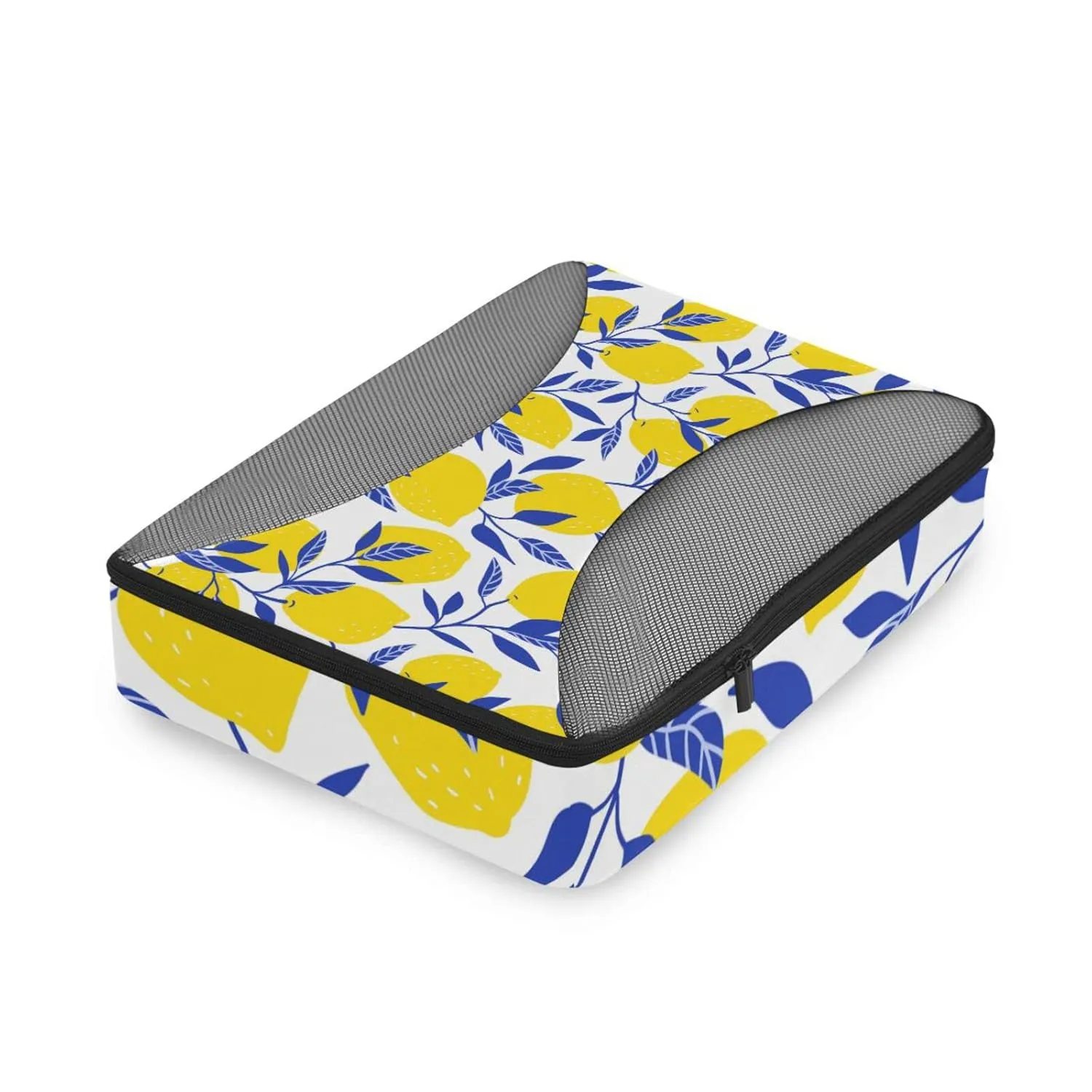 Seamless Tropical Yellow Lemons Blue Leaves on White 4 Set Packing Cubes, Travel Packing Organizers, 600D Oxford Cloth Toiletry Storage Bag, Luggage Mesh Bags for Accessories