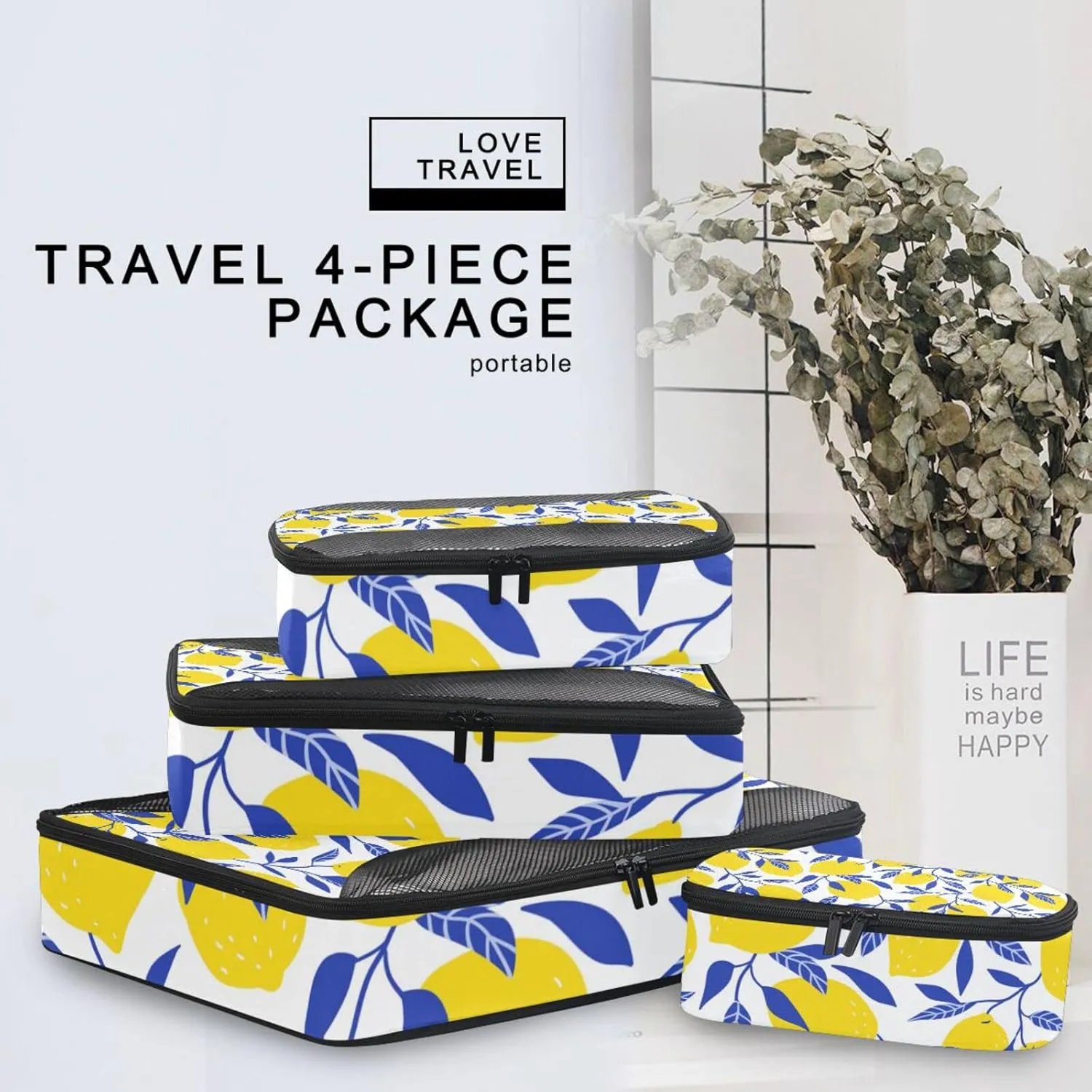 Seamless Tropical Yellow Lemons Blue Leaves on White 4 Set Packing Cubes, Travel Packing Organizers, 600D Oxford Cloth Toiletry Storage Bag, Luggage Mesh Bags for Accessories