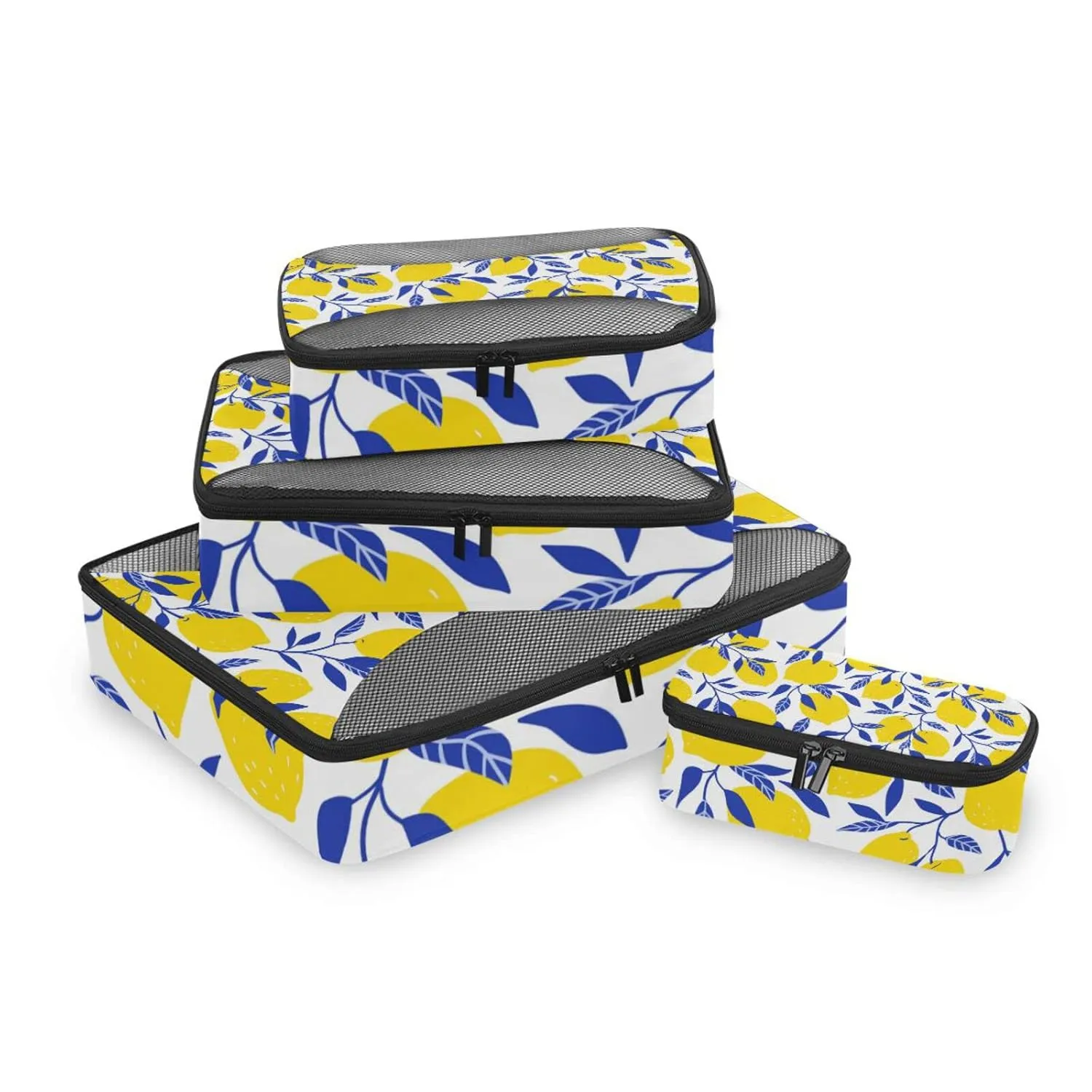 Seamless Tropical Yellow Lemons Blue Leaves on White 4 Set Packing Cubes, Travel Packing Organizers, 600D Oxford Cloth Toiletry Storage Bag, Luggage Mesh Bags for Accessories
