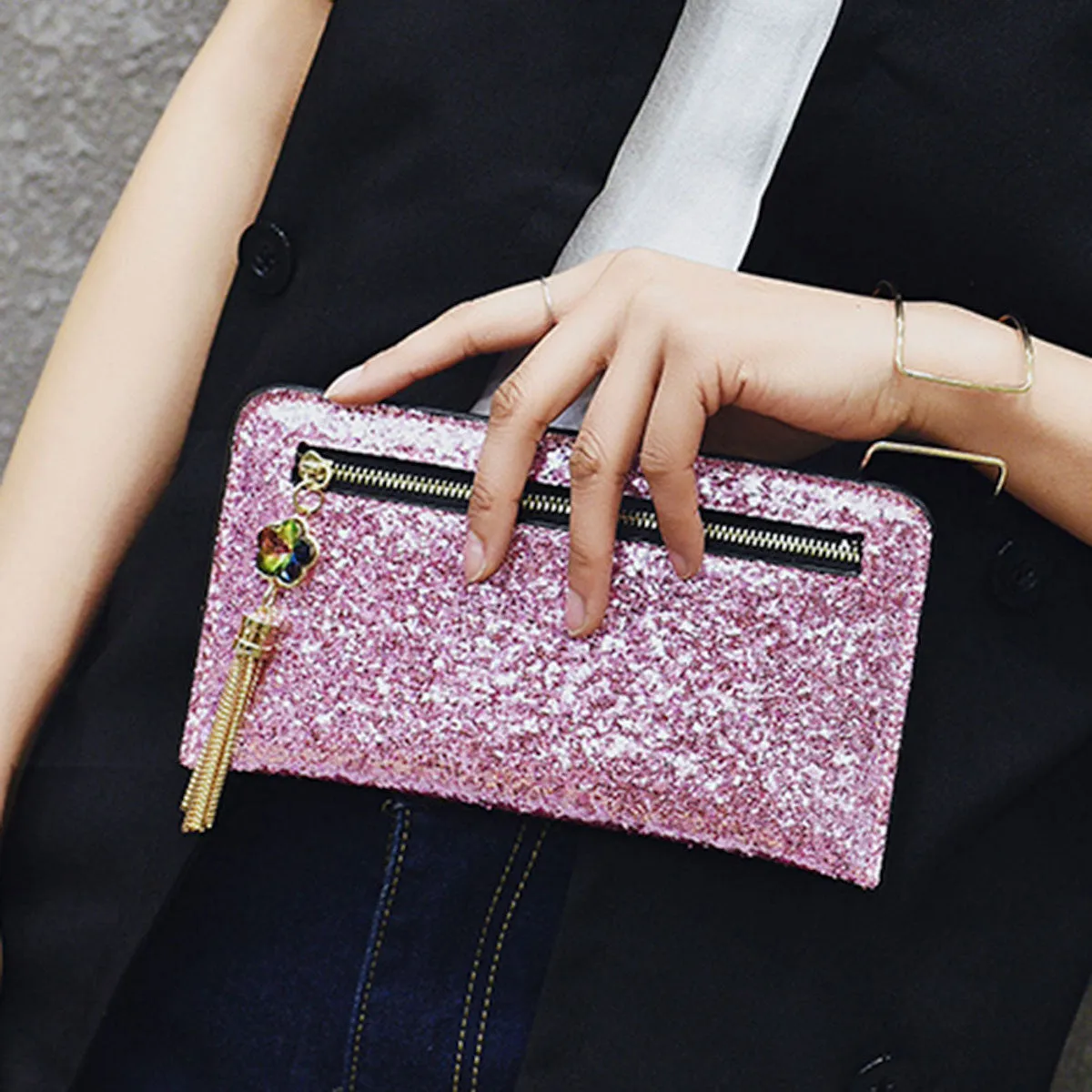 Sequined and Metal Tassel Clutch Bag