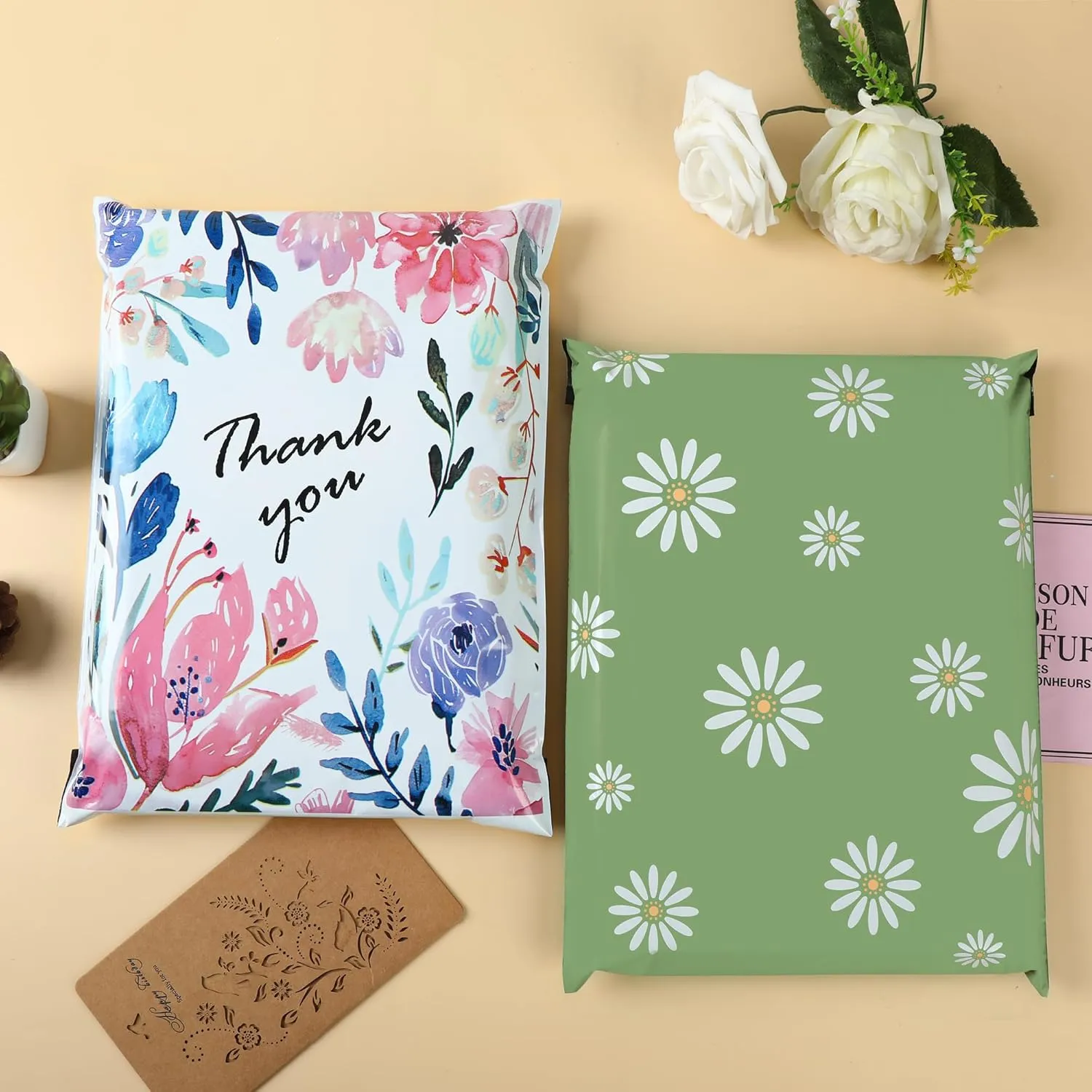 SHIPKEY 100 Pcs Poly Mailers, 10x13 Inches Shipping Bags with Self Sealing Strips, Ink Flower Mailing Bags for Boutique, Cosmetics, and Clothing