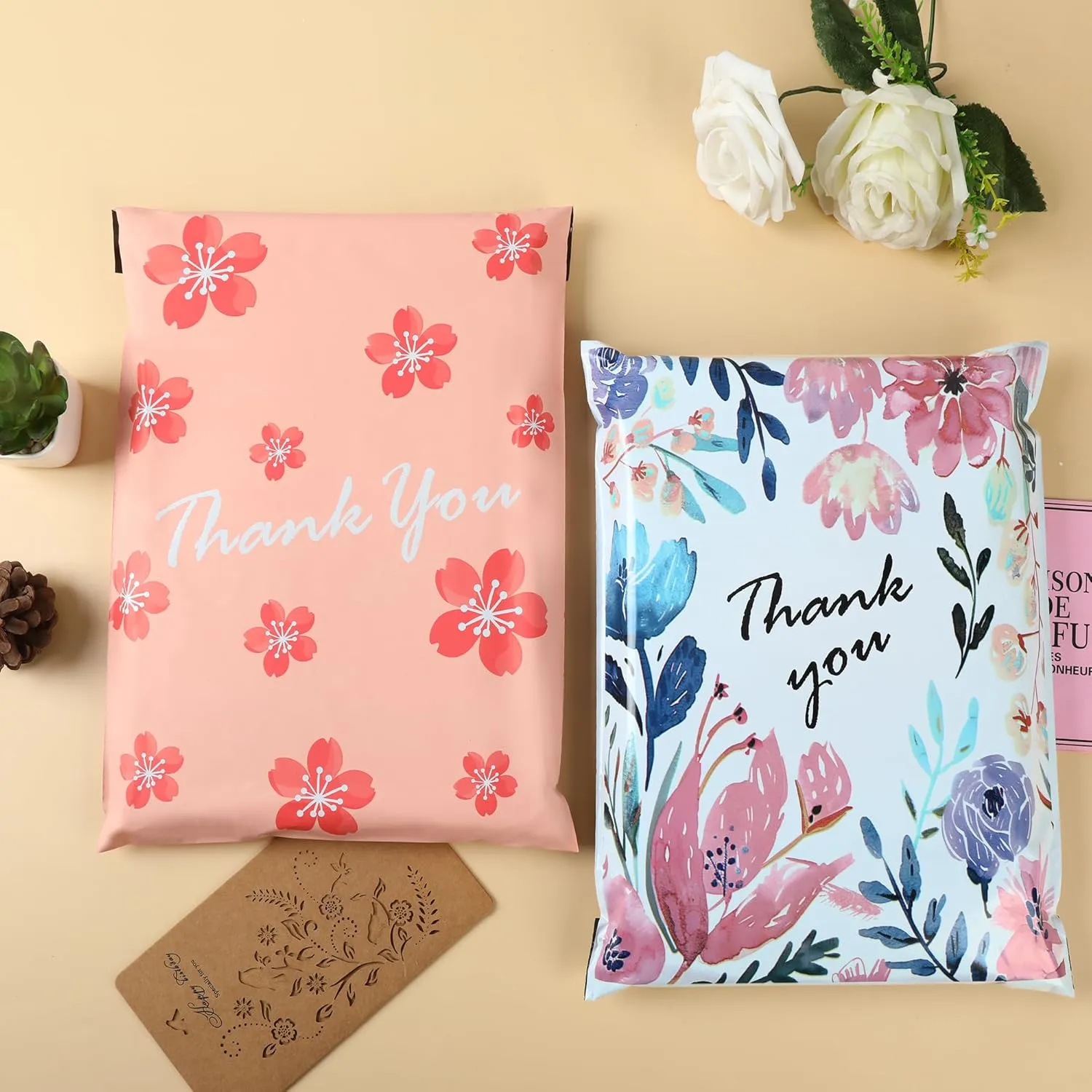 SHIPKEY 100 Pcs Poly Mailers, 10x13 Inches Shipping Bags with Self Sealing Strips, Ink Flower Mailing Bags for Boutique, Cosmetics, and Clothing