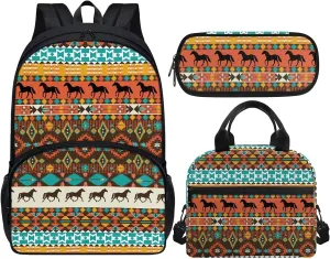 Showudesigns Aztec Horse School Bag and Lunch Bag Set for Boys Girls 17 Inch Backpack High Middle School Bookbag Pencil Case Small Lunch Box Stationery Organizer Bag Daypack