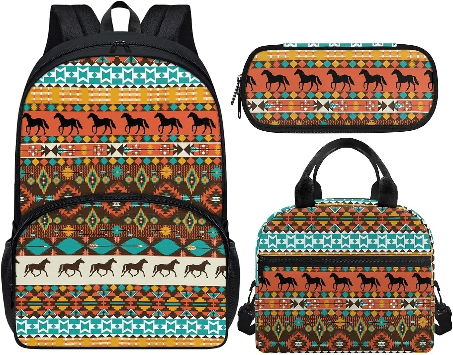 Showudesigns Aztec Horse School Bag and Lunch Bag Set for Boys Girls 17 Inch Backpack High Middle School Bookbag Pencil Case Small Lunch Box Stationery Organizer Bag Daypack
