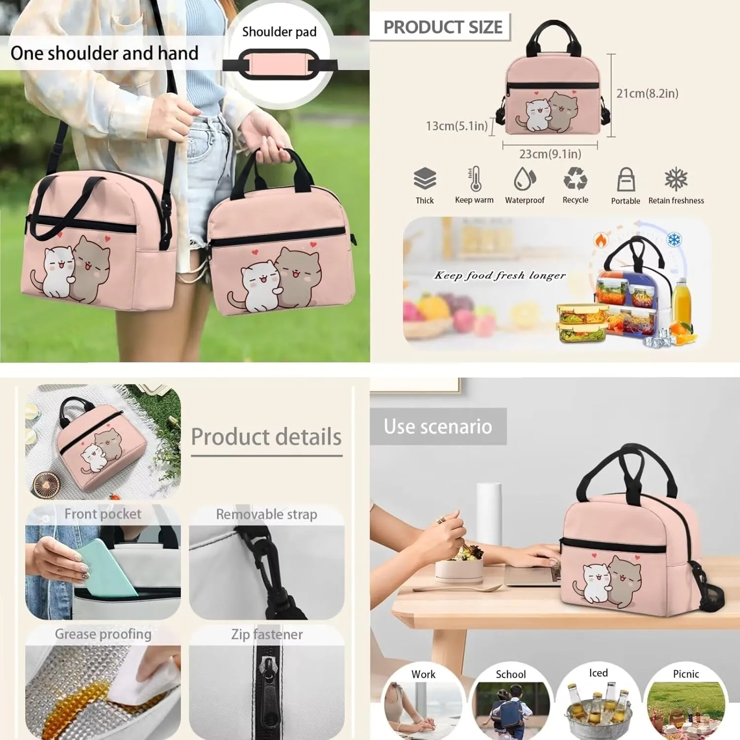 Showudesigns Cute Cat Backpack and Lunch Bag for Girls 6-8 8-12 Kids School Bag Elementary School Bookbag Kindergarten Students Back Pack Pencil Case Lunchbox Set 3 In 1 Casual Daypack Pink