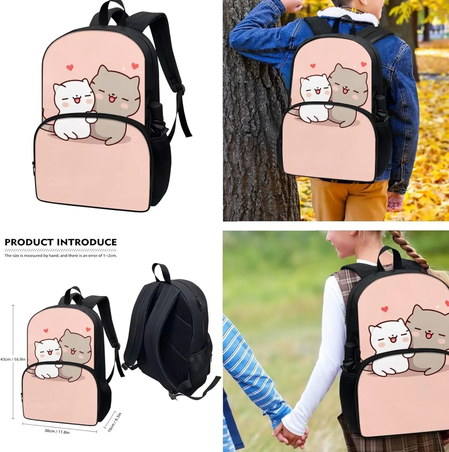 Showudesigns Cute Cat Backpack and Lunch Bag for Girls 6-8 8-12 Kids School Bag Elementary School Bookbag Kindergarten Students Back Pack Pencil Case Lunchbox Set 3 In 1 Casual Daypack Pink