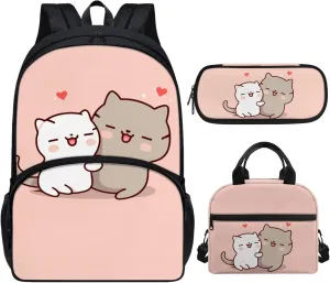 Showudesigns Cute Cat Backpack and Lunch Bag for Girls 6-8 8-12 Kids School Bag Elementary School Bookbag Kindergarten Students Back Pack Pencil Case Lunchbox Set 3 In 1 Casual Daypack Pink