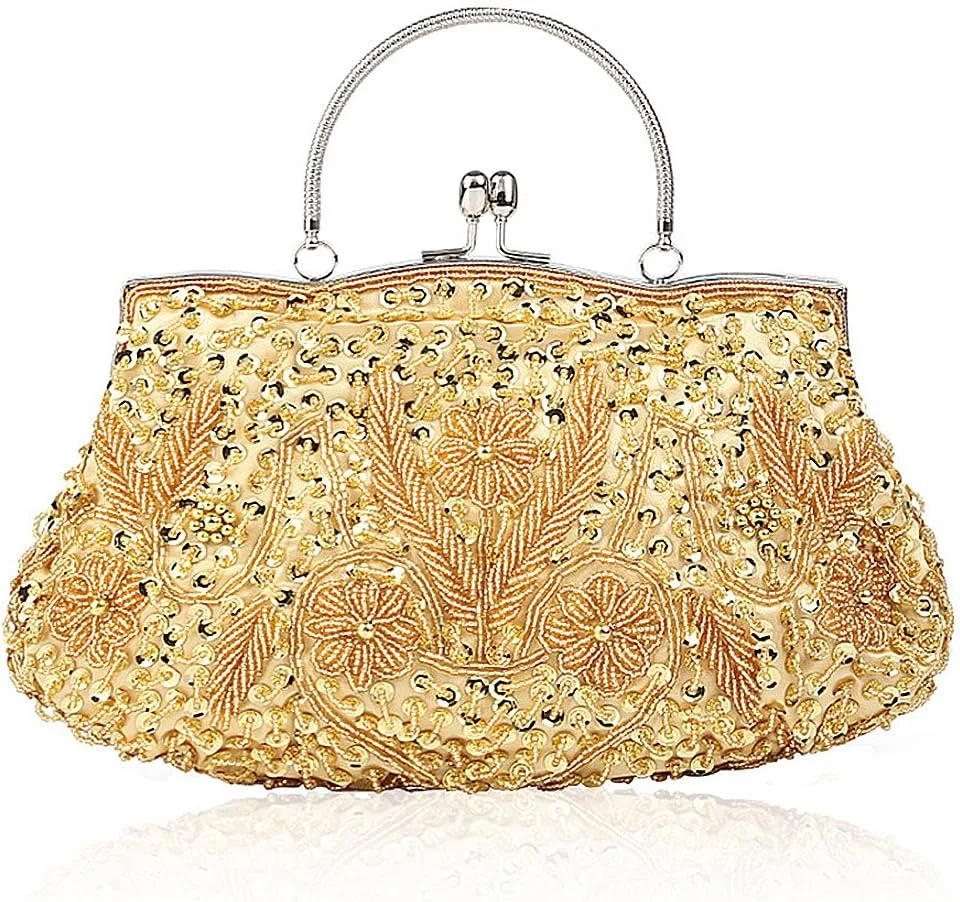Simcat Beaded Sequin Flower Evening Purse Large Clutch Bag